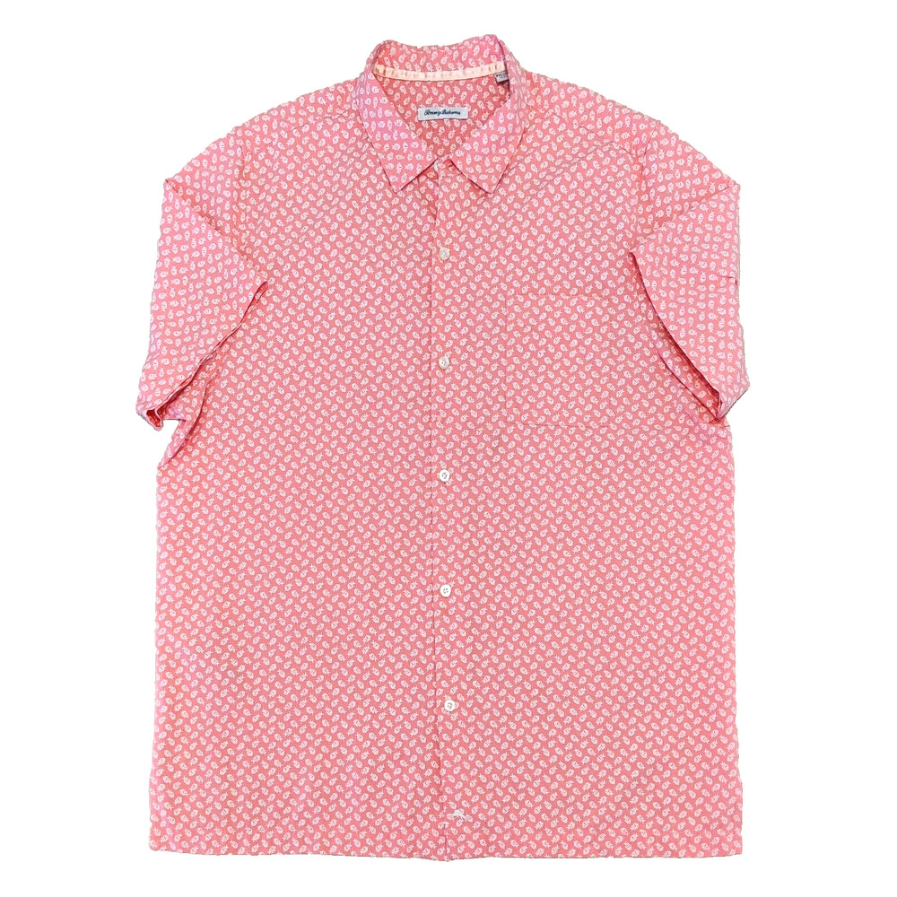 Tommy Bahama Mens AOP Short Sleeve Button Up Shirt SZ XXL Cotton Silk Fish Pink